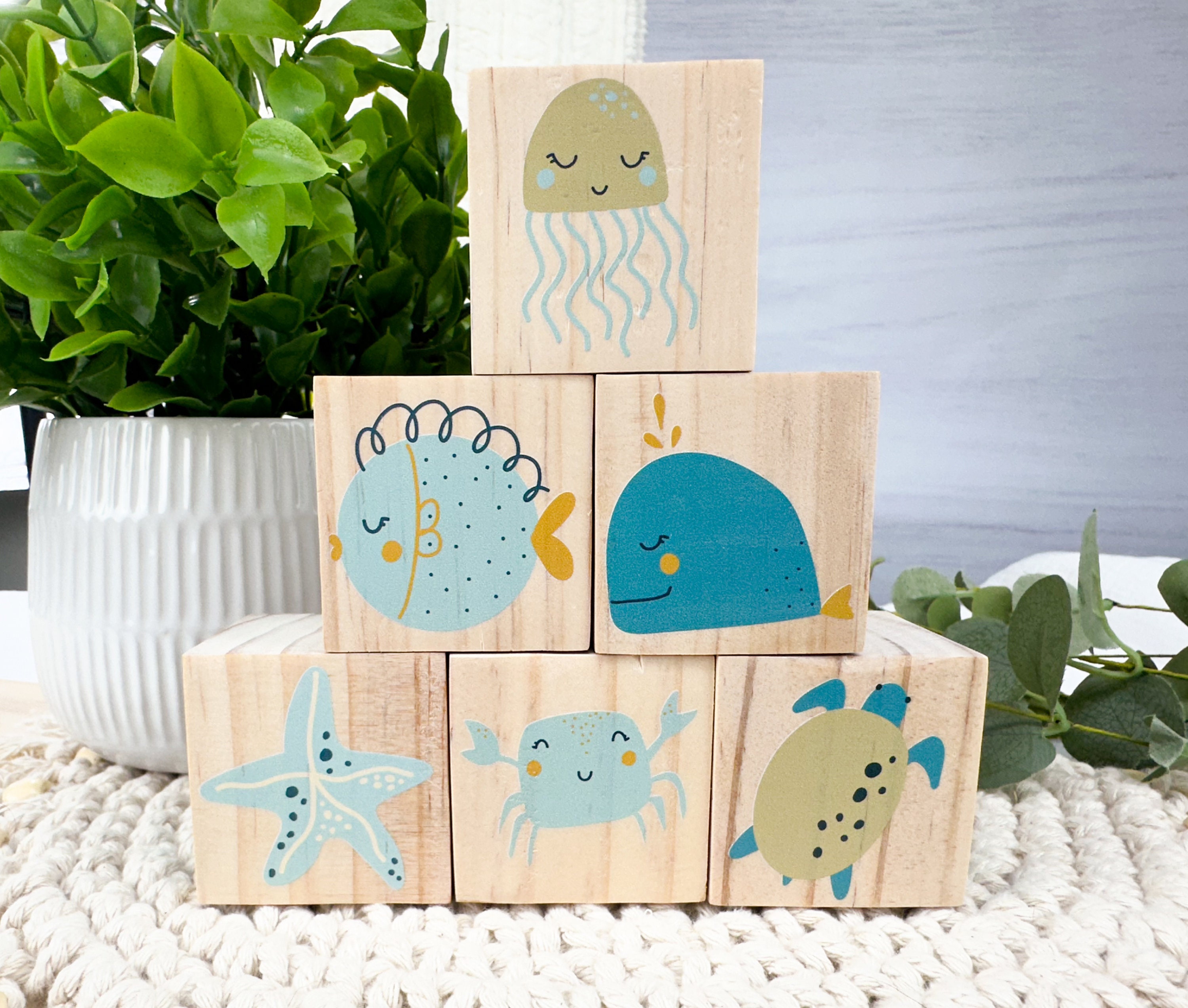 Under The Sea Baby Gift Wooden Blocks,  Personalized Baby Gift, Baby Shower Gift, New Baby Gift, Nursery Decor, Wooden Nursery Blocks, Ocean