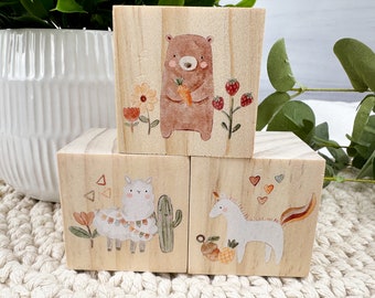 Woodland Wooden Blocks, Personalized Baby Girl Gift, Baby Shower Gift, New Baby Gift, Nursery Decor, Wooden Nursery Blocks, Deer, Lama, Duck