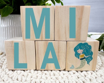 Mermaid Wooden Blocks,  Personalized Under The Sea DecorBaby, Baby Shower Gift, New Baby Gift, Nursery Decor, Wooden Nursery Blocks, Ocean