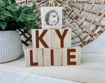 Woodland Nursery Decor, Woodland Blocks, Baby Shower Gift, Personalized Baby Gift, Wood Blocks, Bear, Raccoon, Fox Hedgehog, New Baby Gift