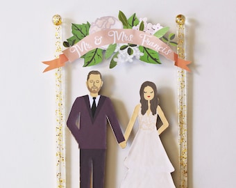 Handmade Custom Wedding Cake Topper, Couple + Floral Banner, Personalized Wedding Portrait