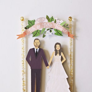 Handmade Custom Wedding Cake Topper, Couple + Floral Banner, Personalized Wedding Portrait