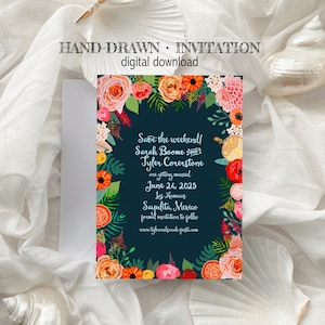 Hand Drawn Floral Wedding Invitation Mexico Puerto Vallarta Wedding DIY Wedding Invitation Digital Download Flower Invitation Border