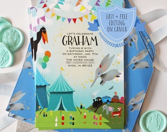 Elephant Birthday Party, Flying Elephant Birthday, Circus Birthday, Dumb Elephant Birthday Party, Invitation, Birthday Invitation