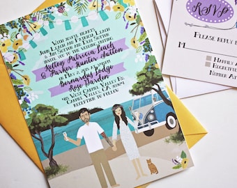 SAMPLE, Invite + RSVP, Custom Illustrated Wedding Invitation, Personalized Portrait, Wedding Invite, Sample Print Only