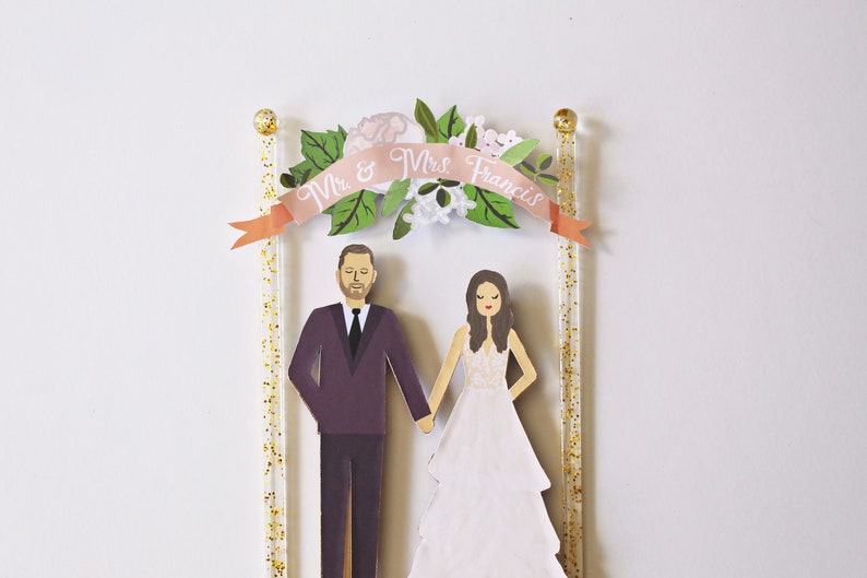 Handmade Custom Wedding Cake Topper, Couple Floral Banner, Personalized Wedding Portrait image 1