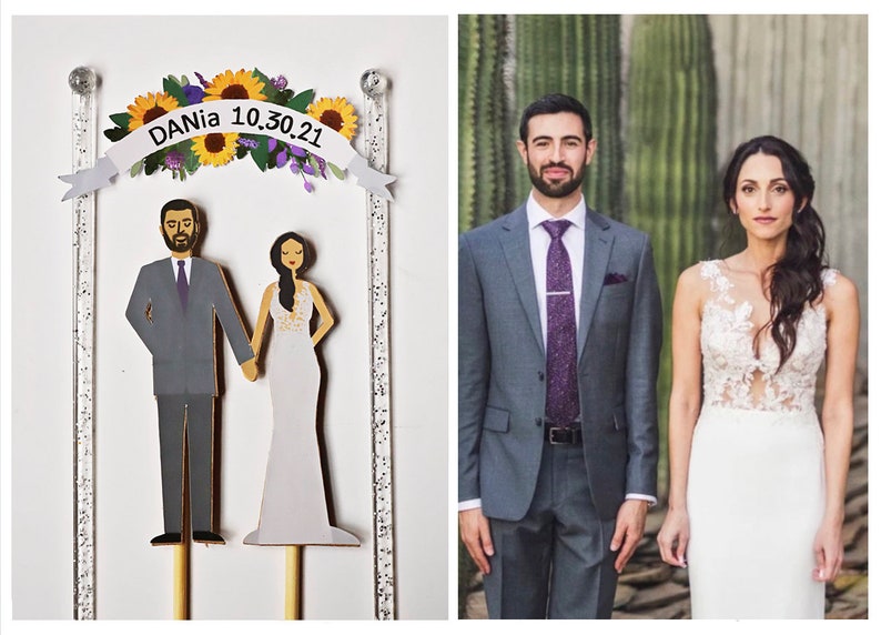 Handmade Custom Wedding Cake Topper, Couple Floral Banner, Personalized Wedding Portrait image 5