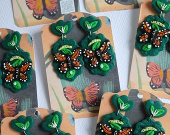 Monarch Butterfly Earrings, Milkweed, Caterpillar, Handmade Earrings, Clay Earrings