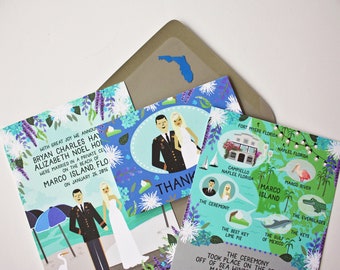 SAMPLE, Custom Invitation Suite, Personalized Portraits, Wedding Invite, RSVP, and Map / Reception Card, Sample Print Only