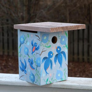 Camera Ready Bluebird House, Hand Painted, Bluebird Illustrations, Enchanted Garden, Nest Box, Bluebird Bird House, Cedar