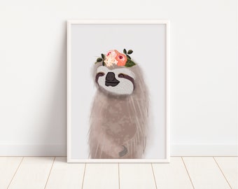 Sloth Art Digital Download, Sloth Nursery Art, Animal Art, Baby Girl, Kids Art, Magical Art