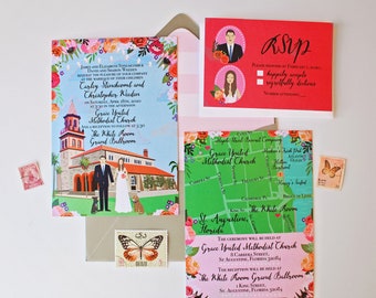 SAMPLE, Invite, RSVP, Map, Custom Invitation Suite, Custom Illustrated Invite, RSVP, and Map / Reception Card, Sample Print Only