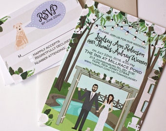 SAMPLE, Invite + RSVP, Custom Illustrated Wedding Invitation, Personalized Portrait, Wedding Invite, Sample Print Only