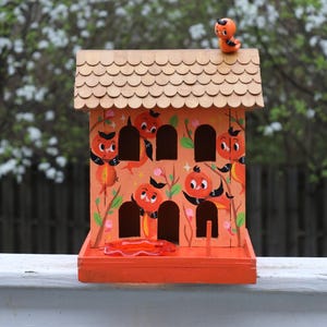 Oriole Cottage Feeder, Hand Painted, Orange Bird Illustrations, Cottagecore, Enchanted Garden, Oriole Feeder for Oranges and Jelly, Cedar