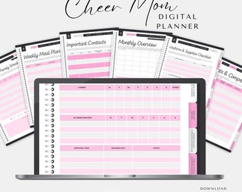 May include: A digital planner displayed on a laptop screen, featuring pink and white pages. The planner includes sections for family schedules, contacts, and a weekly meal plan. The text "Cheer Mom DIGITAL PLANNER" is at the top, with "PNKE." at the bottom.