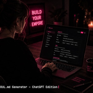 May include: A laptop displaying the SOUL.md interface with a dark theme and pink text. A neon sign reads BUILD YOUR EMPIRE. A black mug features the text FOCUS PLAN EXECUTE, and a notebook displays the text DISCIPLINE CREATES FREEDOM.