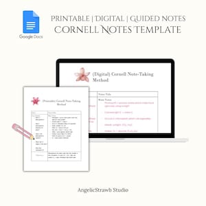 May include: A digital and printable Cornell Notes template displayed on a laptop and a printed sheet. The template includes sections for notes, cues, and summaries, with a pink pencil and Google Docs logo in the corner. The text reads "Printable | Digital | Guided Notes Cornell Notes Template."