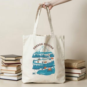 Oregon Angeln Tragetasche pnw im Freien Grafik Segeltuchtasche Berg Haube Einkaufstasche Oregon Fluss Angeln illustrierte Tasche Geschenk für Angeln-Liebhaber Papa