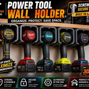 May include: A wall-mounted power tool holder system featuring five individual gray plastic docks holding various cordless drills from brands including DeWalt, Milwaukee, Makita, Ryobi, and Bosch. The display includes text labels.