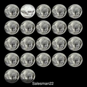 May include: A collection of silver Buffalo nickels, each displaying a profile of a Native American on one side and a bison on the other. The coins are arranged against a black background. One nickel is a different design. The text "FIVE CENTS" is visible on each coin.