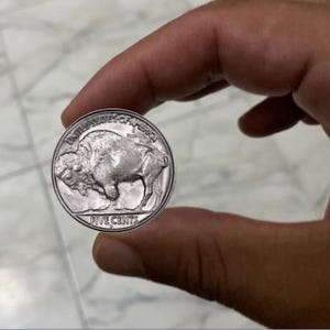 May include: A silver coin featuring a detailed image of a bison. The coin is held between fingers and has the words "UNITED STATES OF AMERICA" and "FIVE CENTS" inscribed on it. The coin's design is in a circular shape.