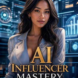 May include: A woman in a light gray blazer with the text "AI Influencer Mastery" in gold lettering. The background features a futuristic digital interface with blue and white elements.