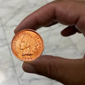 May include: A copper-colored 1894 Indian Head penny. The coin features a profile of a Native American in a feathered headdress and the words "UNITED STATES OF AMERICA". The year "1894" is visible below the profile.