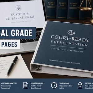 May include: A laptop and a binder labeled "Court-Ready Documentation" are displayed. The laptop screen shows "Custody & Co-Parenting Kit." The binder is navy blue with white text. A notepad and pen are in the foreground. The text "Legal Grade" and "35+ Pages" are visible.