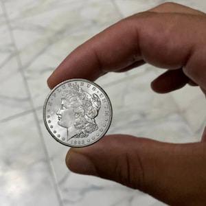 May include: A silver coin with a profile of a woman wearing a crown, surrounded by text. The coin is held between fingers and thumb. The year 1899 is visible on the coin.
