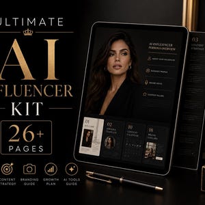 May include: A black and gold AI Influencer Kit with the text "ULTIMATE AI INFLUENCER KIT 26+ PAGES". The image shows a tablet displaying the kit's content, a pen, and several black booklets. The tablet displays a woman's portrait.