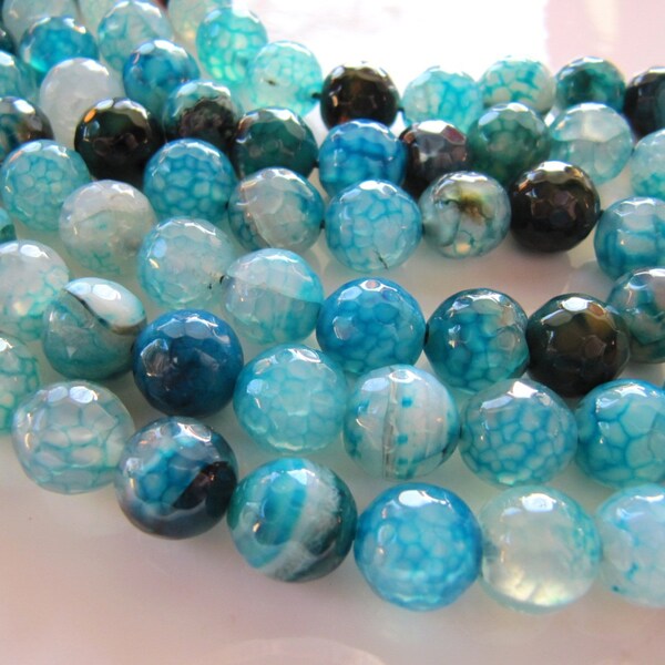 AGATE Stone Beads in Dark Cyan Blue, Amber and Teal, Dragon Vein, Faceted Crackle Gemstone, 10mm, 35 Pieces, GB264