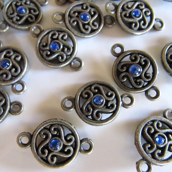 Jewelry Connectors with Blue Rhinestones in Antiqued Bronze Tone in a Filigree Design, 10 Pieces, 26mm x 13mm, Round, Double Sided Design