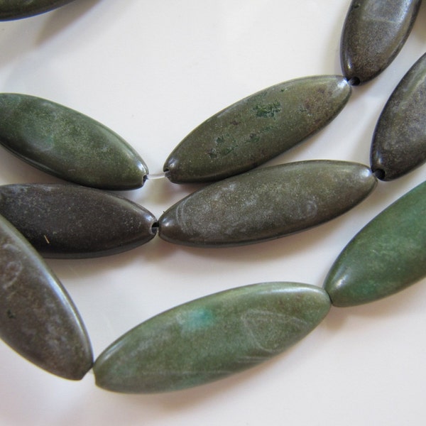 MAGNESITE Beads in Dark Moss Green, Flat Ovals, Approx 29mm x 10mm, 1 Strand 15 Inches, 13 Pieces
