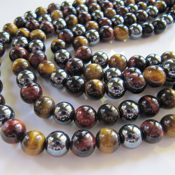 8mm Tiger Iron, Tiger Eye and Hematite Beads Mix in Redish Chocolate Brown, Golden Brown, Gray, Gold, 1 Strand 15 Inches, 48 Beads