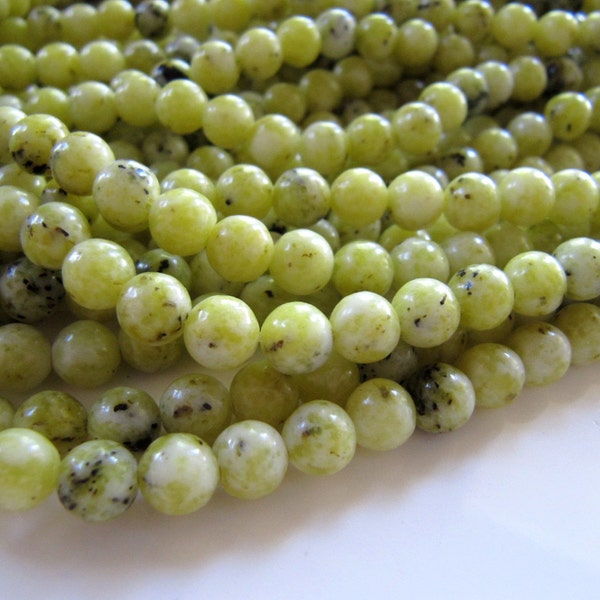 6mm Yellow Turquoise Beads in Olive Green and Gray, 1 Strand, 64 Beads, Round, Smooth, Jasper Serpentine Beads