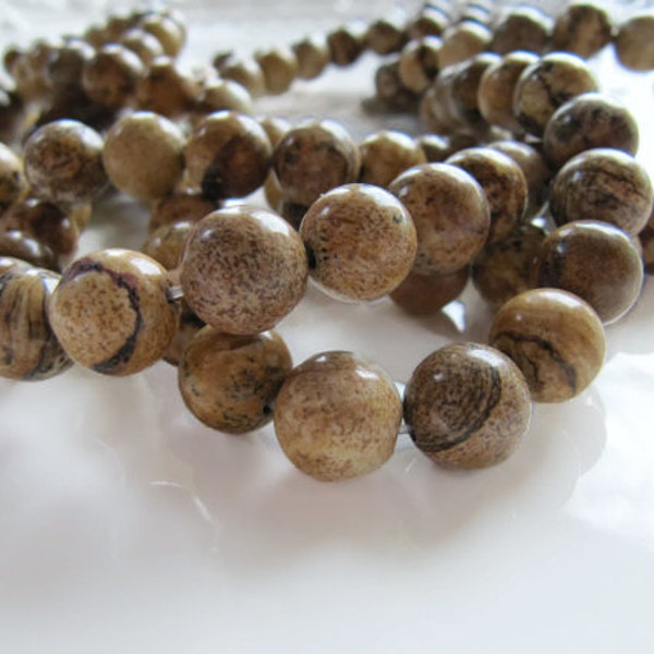 10mm Picture JASPER Beads in Golden Brown and Tan, 1 Strand 38 Beads, Smooth Round Gemstones