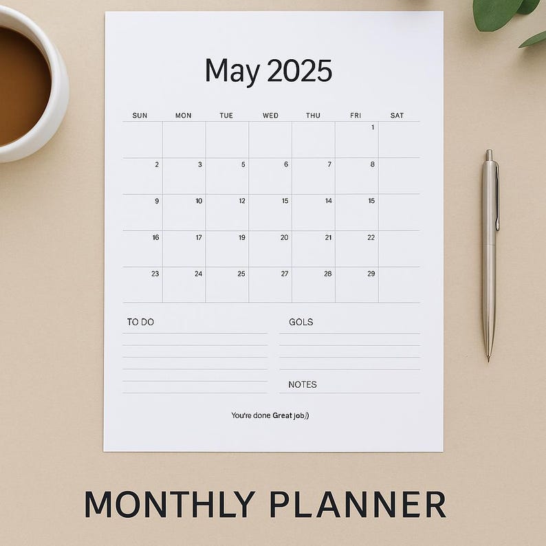 Printable Monthly Planner May 2025 | Minimalist A4 PDF | To-do + Goals ...