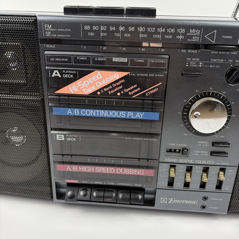 Vintage Boombox Emerson CTR961 AM/FM Dual Cassette Stereo Radio 20" - Tested image 1