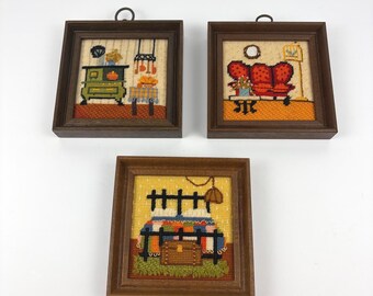 Vintage 1970s Handmade Crewel Needlepoint Wall Art Set of 3 Framed Folk Art