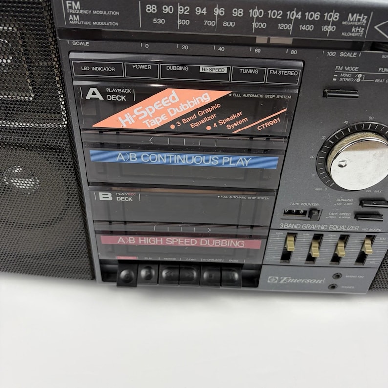 Vintage Boombox Emerson CTR961 AM/FM Dual Cassette Stereo Radio 20" - Tested image 4