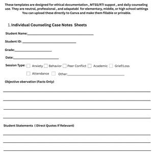 Op de afbeelding: Een wit document getiteld "School Counselor Case Notes & Progress Tracking Sheets". Het document bevat invulbare velden voor studenteninformatie, sessietype en objectieve observaties. Het is ontworpen voor ethische documentatie.