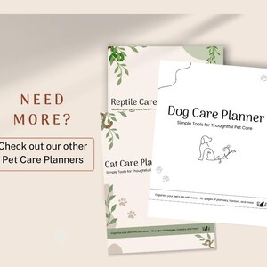 May include: Three stacked pet care planners with white covers featuring black text and line art illustrations. The top planner is titled Dog Care Planner, followed by Cat Care Planner and Reptile Care, each with botanical accents and paw prints.