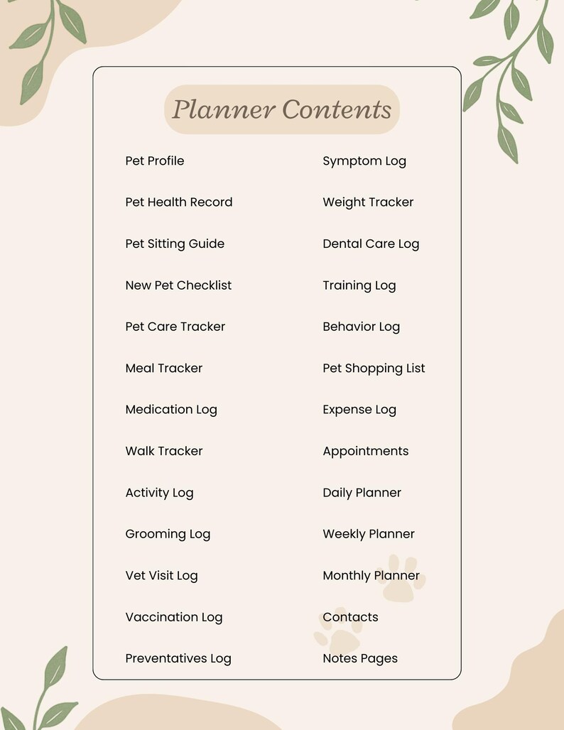 A planner contents list for pet care and tracking. It includes sections like Pet Profile, Health Record, Sitting Guide, Care Tracker, Meal Tracker, Medication Log, Walk Tracker, Activity Log, Grooming Log, Vet Visit Log, Vaccination Log, Preventatives Log, Symptom Log, Weight Tracker, Dental Care Log, Training Log, Behavior Log, Shopping List, Expense Log, Appointments, Daily, Weekly, and Monthly Planners, Contacts, and Notes Pages. Light beige background with green leaves and paw prints.