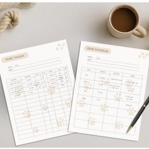 Two printable dog walk trackers. The trackers are titled 'Walk Tracker' and 'Walk Schedule'. Each tracker has paw print designs and a section for writing notes. The 'Walk Tracker' has columns for date, time, type, location, and notes. The 'Walk Schedule' has columns for time, duration, description, and notes. The 'Notes' tracker has lines for writing notes.