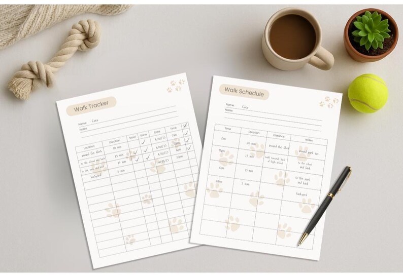 Two printable dog walk trackers. The trackers are titled 'Walk Tracker' and 'Walk Schedule'. Each tracker has paw print designs and a section for writing notes. The 'Walk Tracker' has columns for date, time, type, location, and notes. The 'Walk Schedule' has columns for time, duration, description, and notes. The 'Notes' tracker has lines for writing notes.