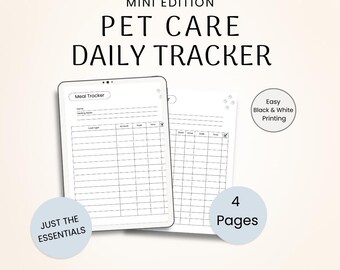Täglicher Haustierpflege-Tracker, Mini-Ausgabe, 4-seitiges, schwarz-weißes, druckbares PDF