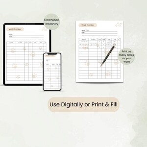 A printable walk tracker log with paw print designs. The log has sections for date, time, poop, pee, walk, notes, and a section for the dog's name. The text 'Download Instantly' is in a white box with a brown outline. The text 'Use Digitally or Print & Fill' is in a brown box with a white outline. The text 'Print as many times as you want' is in a white box with a brown outline. The text 'Walk Tracker' is in a brown box with a white outline.