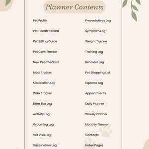 A planner contents list for pet care and organization. It includes sections like Pet Profile, Health Record, Sitting Guide, Care Tracker, New Pet Checklist, Meal Tracker, Medication Log, Walk Tracker, Litter Box Log, Activity Log, Grooming Log, Vet Visit Log, Vaccination Log, Preventatives Log, Symptom Log, Weight Tracker, Training Log, Behavior Log, Shopping List, Expense Log, Appointments, Daily, Weekly, and Monthly Planners, Contacts, and Notes Pages.
