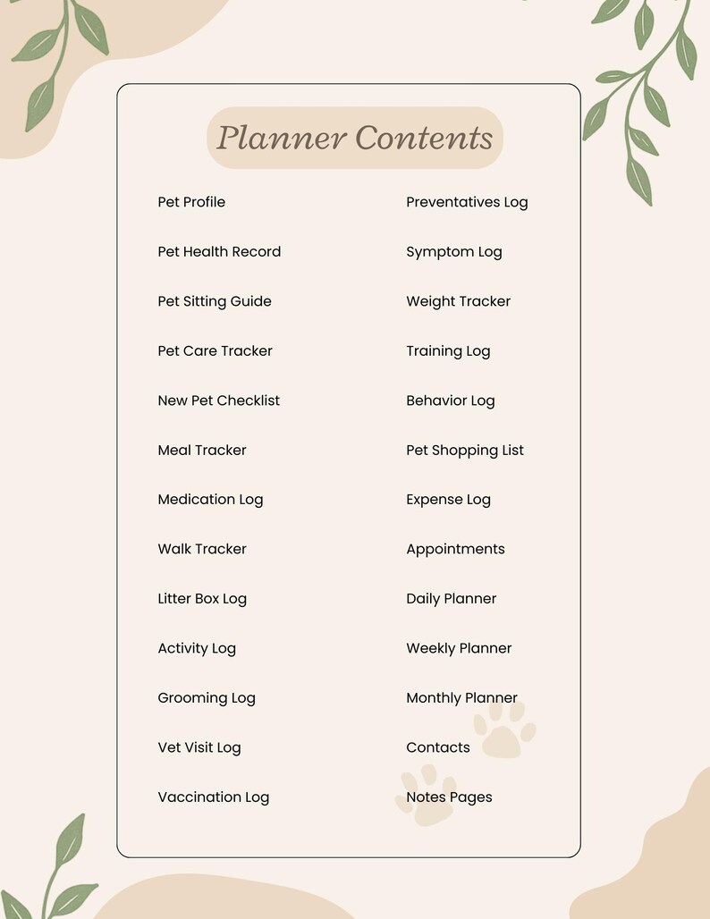 A planner contents list for pet care and organization. It includes sections like Pet Profile, Health Record, Sitting Guide, Care Tracker, New Pet Checklist, Meal Tracker, Medication Log, Walk Tracker, Litter Box Log, Activity Log, Grooming Log, Vet Visit Log, Vaccination Log, Preventatives Log, Symptom Log, Weight Tracker, Training Log, Behavior Log, Shopping List, Expense Log, Appointments, Daily, Weekly, and Monthly Planners, Contacts, and Notes Pages.
