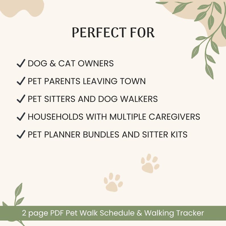 May include: A digital document titled PERFECT FOR with a list of checkmarks for dog and cat owners, pet parents leaving town, pet sitters, dog walkers, households with multiple caregivers, and pet planner bundles. Bottom text reads 2 page PDF Pet Walk Schedule & Walking Tracker.